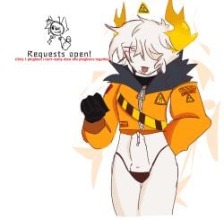 color fanmade kok0ro medkit_(phighting) orange_horn phighting pointing_at_penis roblox roblox_game solo_male sticking_out_tongue text thong white_hair white_skin