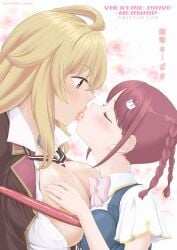 2girls areola_slip ayanero_taicho big_breasts blonde_hair blush braid cat_hair_ornament couple fingerless_gloves french_kiss gloves grabbing grabbing_another's_breast groping gyaru hair_ornament kissing long_hair loose_necktie marvelous multiple_girls necktie nipples open_clothes red_hair shikishima_mirei tokonome_mamori valkyrie_drive valkyrie_drive_-mermaid- wife_and_wife yuri