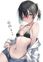 1girls bare_arms bare_midriff bare_shoulders bare_thighs belly belly_bulge belly_button bikini black_bikini black_hair black_swimsuit blue_shorts blush breasts breasts cleavage collarbone female female_focus female_only fingers green_eyes green_hair hair_between_eyes hourglass_figure jacket kawai_ritsu_(rits_meg) leaning_on_wall light_skin looking_at_viewer love_live! love_live!_nijigasaki_high_school_idol_club medium_breasts navel off_shoulder short_hair shorts shoulders simple_background slender_body slender_waist slim_girl slim_waist small_breasts solo string_bikini sweat swimsuit takasaki_yuu thighs thin_waist upper_body white_background white_jacket wide_hips