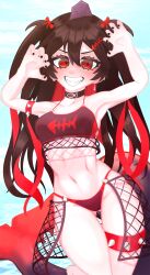 1girls akami_chiyo animal_tail bikini black_hair black_nails blush clouds day female female_focus female_only fishnets front_view highres just_4ngels latam_virtual_youtuber light-skinned_female light_skin long_hair looking_at_viewer ocean petite petite_body petite_female piranha_girl pointy_teeth red_eyes red_hair small_breasts smiling smiling_at_viewer standing standing_in_water summer swimsuit tail thong_bikini twintails two_tone_hair virtual_youtuber vtuber vtuberfanart water yume_girls!