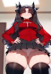 1girls ai_generated alternate_breast_size blue_eyes breasts brown_hair fate/stay_night fate_(series) female female_only floox indoors large_breasts light-skinned_female light_skin long_hair naughty_face panties stable_diffusion thiccwithaq_(ai_style) thick_thighs tohsaka_rin white_panties