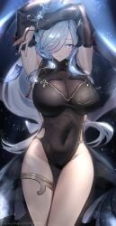 armpits arms_up blue_eyes breasts china_dress chinese_clothes cleavage curvaceous curvy female female_only genshin_impact groin hourglass_figure large_breasts no_panties pelvic_curtain shenhe_(frostflower_dew)_(genshin_impact) shenhe_(genshin_impact) thick_thighs thighs white_hair