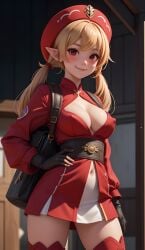 1girls ai_generated blonde_hair blush clothing cortezian_generations female genshin_impact gloves hand_on_hip hard_nipples hi_res klee_(genshin_impact) patreon red_dress red_eyes smile solo