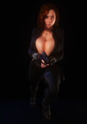 1girls 3d 3d_(artwork) alternate_breast_size black_bodysuit black_widow_(marvel) bodysuit breasts_bigger_than_head cleavage clothed clothed_female enormous_breasts female female_only fingerless_gloves gigantic_breasts gloves green_eyes gun holding_gun holding_object holding_weapon hourglass_figure huge_breasts human human_female marvel marvel_cinematic_universe natasha_romanoff open_bodysuit open_clothes pistol red_hair skin_tight solo solo_female thick_thighs tight_clothes vaako weapon wide_hips