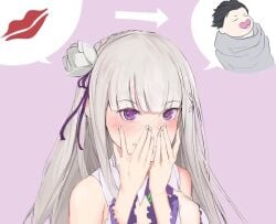 blush blushing_profusely braid clothed elf elf_ears elf_female embarrassed emilia_(re:zero) flower_in_hair fully_clothed hands_covering_face imminent_kiss innocent light-skinned_female long_hair looking_at_viewer natsuki_subaru nbee_ya ornament part_of_a_set plain_background purple_background purple_eyes re:zero_kara_hajimeru_isekai_seikatsu silver_hair unknown_artist virgin wholesome