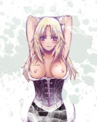 armpits arms_up blonde_hair blush breasts corset fighter granado_espada long_hair player_character sweat topless