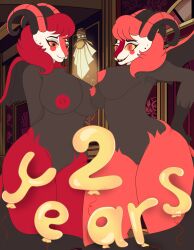 absurd_res anniversary anthro big_butt bovid breasts caprine dazzle_(hazbin_hotel) demo duo female female/female genderswap genderswap_(mtf) genitals goat hazbin_hotel hi_res lewarfire mammal nipples pussy razzle_(hazbin_hotel) rule_63