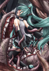 aqua_hair bare_shoulders blush boots closed_eyes clothed_sex clothing crying detached_sleeves faith faith_(sbi) female hatsune_miku headphones headset microphone monster necktie open_mouth penetration rape restrained saliva skirt sweat tears tentacle tentacle_rape tentacle_under_clothes thigh_boots thighhighs tied_hair twintails very_long_hair vocaloid vore wet