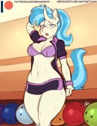 1girls 2018 allie_way artist_signature blue_eyes blue_hair blush bowling_alley bra commission exhausted female female_focus female_only friendship_is_magic midriff my_little_pony nekocrispy oc patreon ponytail short_shorts shorts solo solo_female sweat sweating tired unicorn white_fur white_skin