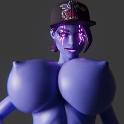 2024 3d bai3d beach_bomber big_breasts big_tits blender breasts_out dark_bomber erect_nipples fortnite glowing_eyes glowing_scar hat looking_at_viewer nude nude_female scars scars_on_face tits_out