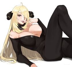 1girls bare_shoulders big_breasts black_clothes black_clothing blonde blonde_female blonde_hair clothed clothing color cynthia_(pokemon) eye_covered female female_focus female_only female_solo fur_collar game_freak hi_res jerrydurd large_breasts light-skinned_female light_skin long_hair looking_at_viewer nintendo pokemon pokemon_champion pokemon_dppt pokemon_trainer solo solo_female tagme thick_thighs