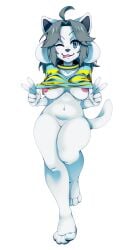 1girls 2021 anthro blue_eyes blush bottomless breasts canine collar commission commissioner_upload domestic_dog female female_only fur furry grey_hair kiwiblanco navel nipple_slip nipples paws peace_sign pink_nipples solo solo_female tail temmie_(undertale) tongue tongue_out transparent_background underboob undertale undertale_(series) white_fur