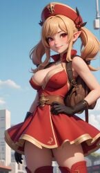 1girls ai_generated blonde_hair blush clothing cortezian_generations female genshin_impact gloves hand_on_hip hi_res klee_(genshin_impact) patreon red_dress red_eyes smile solo thighs