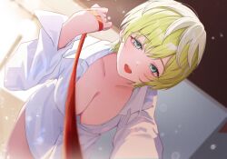 1girls blonde_hair blue_eyes boyfriend_shirt cleavage earring green_hair izumo_tenka mato_seihei_no_slave medium_breasts pov shirt short_hair