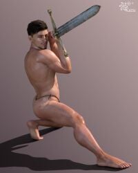 1boy 1human 1male 3d 3d_(artwork) 3d_model black_hair broadsword green_eyes holding_weapon kazuworks male male_focus male_only masculine oc original original_character pink_background scantily_clad solo solo_focus solo_male string_bikini string_bikini_bottom swordplay warrior