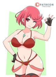 1girls alternate_costume artist_name barely_clothed big_breasts bra breasts core_crystal ears female female_only fingerless_gloves gloves hand_on_hip hourglass_figure light-skinned_female mostly_nude navel nintendo noboru ok_sign one_eye_closed patreon patreon_username plain_background pose pyra red_eyes red_hair short_hair solo stomach swimsuit tagme thick_thighs winking_at_viewer xenoblade_(series) xenoblade_chronicles_2