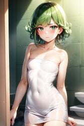 1girls ai_generated alternate_costume bangs bare_shoulders bathroom blush breasts clothing collarbone curly_hair dress earrings embarrassed eyelashes female female_focus female_only green_eyes green_hair highres hoop_earrings human jewelry lips looking_at_viewer manuhsnt medium_hair nai_diffusion navel navel_visible_through_clothes no_bra no_panties one-punch_man petite pinup shiny_skin short_skirt small_breasts solo solo_female stable_diffusion strapless sweat sweatdrop tatsumaki thighs tight_clothing translucent_clothing tube_dress