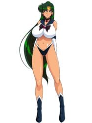 1girls bishoujo_senshi_sailor_moon breasts clothing dark_skin female glamour_works green_hair large_breasts long_hair midriff panties purple_eyes sailor_pluto setsuna_meiou solo transparent_background