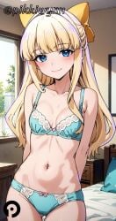 ai_generated arms_behind_back ass_visible_through_thighs bangs bare_shoulders blonde_hair blue_bra blue_eyes blue_panties blush bow bra breasts closed_mouth collarbone cowboy_shot female hairbow indoors long_hair looking_at_viewer mahou_shoujo_ni_akogarete navel panties pikkiwynn small_breasts smile solo stomach tenkawa_kaoruko thigh_gap underwear underwear_only