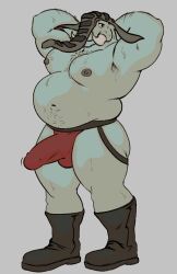 2024 anthro biped boots clothed clothing digital_drawing_(artwork) digital_media_(artwork) donphan erection erection_under_clothing footwear generation_2_pokemon hyenaike jockstrap male moobs musclegut muscular muscular_anthro muscular_male navel nintendo nipples pokemon pokemon_(species) simple_background solo standing underwear