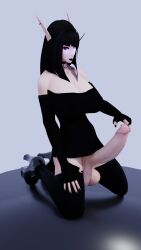 3d black_hair black_legwear black_lipstick black_nails black_topwear elf finger_on_penis futanari moonghoul solo