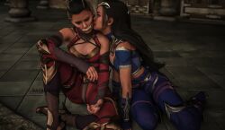 2girls 3d black_hair clone clonecest edenian female female_only fully_clothed heels imminent_kiss incest kiss_on_cheek kissing kitana kiteena mileena monster_girl mortal_kombat mortal_kombat_1_(2023) neck_kiss princess rayalterego23 royalty shy sisters sitting_on_floor yuri