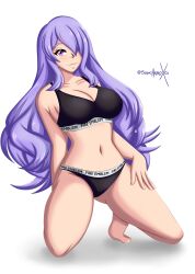 1girls 2d artist_name ass_visible_through_thighs bare_arms bare_legs bare_midriff barefoot black_panties bra breasts camilla_(fire_emblem) cleavage female female_only fire_emblem fire_emblem_fates hair_over_one_eye kneeling large_breasts legs light-skinned_female light_skin long_hair midriff nintendo pale-skinned_female pale_skin panties pink_eyes purple_hair smile solo sonicheroxd underwear very_long_hair watermark white_background