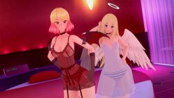 2girls angel_wings angels_of_death bed bedroom blonde_hair blue_eyes breasts catherine_ward collar demon_horns demon_wings garter_belt garter_straps gloves green_eyes hands_on_thighs koikatsu looking_at_viewer love_hotel multiple_girls no_bra only_female panties pink_hair rachel_gardner satsuriku_no_tenshi size_difference smile two_tone_hair visible_breasts visible_nipples