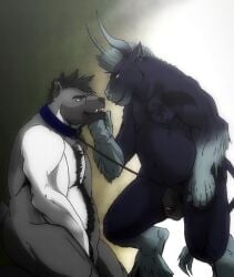 2019 anthro ass balls bear biceps body_hair bovid bovine cattle chest_hair chest_tattoo collar dominant dominant_male duo ear_piercing eye_contact facial_piercing flaccid foreskin genitals hand_on_chin happy_trail hi_res joaobear leash looking_at_another luccagrizzly male male/male mammal manly musclegut muscular navel nipples nose_piercing nose_ring nude pander_(lostpander) pecs penis piercing ring_piercing simple_background submissive submissive_male tattoo vein veiny_penis