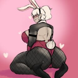 albedo_(ben_10) albedo_(chaquetrix) ben_10 blushing bunny_ears bunny_tail bunnysuit fishnet_legwear fishnets from_behind glasses high_heels human looking_back on_knees pantyhose ponytail red_bunnysuit tagme white_hair