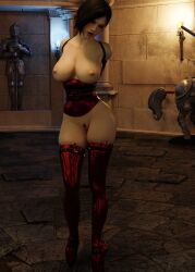 3d ada_wong bdsm_outfit capcom gentle_giant medium_breasts open_mouth red_ballerina_latex_boots red_strapped_arm_binder red_underbust_corset resident_evil resident_evil_4 resident_evil_4_remake trimmed_pubic_hair