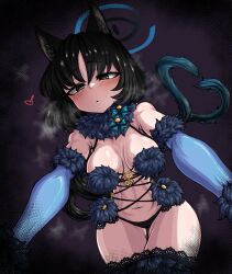 1girls allied_hyakkiyako_academy_student belly_button beolkkulcheese black_hair blue_archive blue_eyes blush breasts cat_ears catgirl cleavage cosplay dangerous_beast eyebrows_visible_through_hair female female_only halo heart huge_breasts hyakkaryouran_conflict_resolution_council_(blue_archive) kikyou_(blue_archive) light-skinned_female light_skin mash_kyrielight_(dangerous_beast)_(cosplay) multiple_tails solo tail