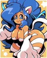 1girls :3 blue_eyes blue_hair cat_ears cat_tail catgirl darkstalkers felicia_(darkstalkers) kneeling legendofnerd orange_body orange_skin solo wrong_eye_color