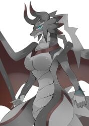 anthro anthro_only blue_eyes breasts dragon dragoness dragonmaid_series_(yu-gi-oh!) dragonmaid_sheou dragonryuusuki duel_monster featureless_breasts female female_focus female_only horns humanoid long_eyelashes no_nipples scales scalie tail thick_thighs thin_waist white_scales wide_hips wings yu-gi-oh!