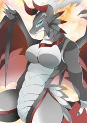 anthro anthro_only blue_eyes breasts dragon dragoness dragonmaid_series_(yu-gi-oh!) dragonmaid_sheou dragonryuusuki duel_monster featureless_breasts female female_focus female_only horns humanoid long_eyelashes no_nipples scales scalie tail thick_thighs thin_waist white_scales wide_hips wings yu-gi-oh!