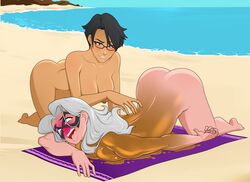 2girls ahe_gao asphyxiation ass bayonetta bayonetta_(character) beach black_cat_(marvel) blue_eyes blush breasts crossover crying dark_skin death execution felicia_hardy female glasses imminent_death killer_lotion laying lotion marvel marvel_comics mask murder nipples nude oil peril rodjim silver_hair snuff spider-man_(series) sunbathing sunscreen tanned tears towel
