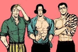 3boys abs akainu aokiji borsalino_(kizaru) censored_nipples chest_tattoo dark_hair feet_out_of_frame fully_clothed fully_clothed_female fully_dressed gay half-dressed half_dressed half_nude irezumi kizaru legs_out_of_frame male male_nipples male_only muscular muscular_arms muscular_body muscular_build muscular_male nipples one_piece open_shirt opening_shirt pale pants pecs shirt short_hair tattoo tattoos topless_male