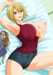 ahoge arched_back armpits bed blonde_hair breast_grab breast_hold breast_squeeze breasts creepy denim_shorts doll erect_nipples female female_only from_above hotpants huge_breasts indoors lying naughty_face nipples no_bra on_back one_breast_out open_mouth sankarea saouji_ranma-chan self_fondle short_hair short_shorts shorts smile solo spread_legs thighs tight_clothes undressing