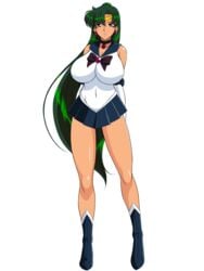 1girls bishoujo_senshi_sailor_moon breasts clothing dark_skin female glamour_works green_hair large_breasts long_hair purple_eyes sailor_pluto setsuna_meiou skirt solo transparent_background