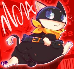 absurd_res anthro ass atlus balls belt black_body black_fur blue_eyes domestic_cat felid feline felis flexible fur genitals hi_res kerchief looking_at_viewer looking_back looking_back_at_viewer male mammal mask megami_tensei megami_tensei_persona morgana_(persona) mostly_nude neckerchief salamikii sega slightly_chubby solo splits spread_legs spreading stretching teapot_(body_type) toony