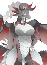 anthro anthro_only blue_eyes breasts dragon dragoness dragonmaid_series_(yu-gi-oh!) dragonmaid_sheou dragonryuusuki duel_monster featureless_breasts female female_focus female_only horns humanoid long_eyelashes no_nipples scales scalie tail thick_thighs thin_waist white_scales wide_hips wings yu-gi-oh!