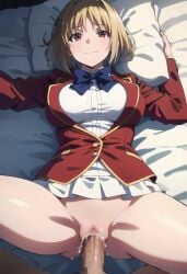 advanced_nurturing_high_school_uniform ai_generated anal_sex blonde_female blonde_hair blue_bow brown_eyes busty_female censored classroom_of_the_elite cum_in_pussy kagura kushida_kikyou laying_on_bed legs_apart looking_at_partner lying_on_back missionary_position pantiless pillow_grab red_blazer school_uniform schoolgirl sex spread_legs vaginal_penetration white_shirt white_skirt