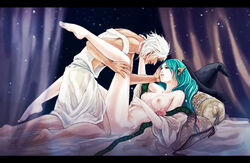 barefoot blue_hair breasts couple cum cum_on_body dark_skin eye_contact female hair hand_on_another's_cheek hand_on_another's_face hat imminent_sex kneeling letterboxed long_hair looking_at_another lying magi:_the_labyrinth_of_magic navel nemu_(noibla) nipples nude on_back pillow realistic sex sharrkan shell white_hair witch_hat yamuraiha