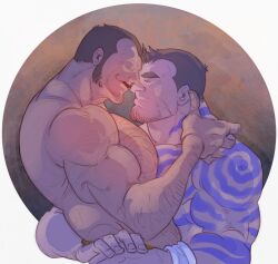 2boys akainu arm_tattoo bara borsalino_(kizaru) chest_tattoo facial_hair gay imminent_kiss irezumi male male_only marinehusbands muscular muscular_arms muscular_back muscular_male muscular_male_only muscular_males muscular_neck muscular_shoulders one_piece tattoo tattoos