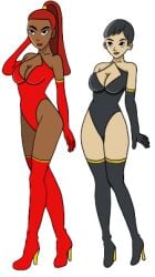 2girls bare_legs bare_shoulders bare_thighs blank_eyes blank_stare blue_clothing blue_dress blue_hair blue_outfit blue_stockings breasts carmen_sandiego carmen_sandiego_(2019) carmen_sandiego_(franchise) chocolate_and_vanilla cleavage dark_skin female_focus female_only gloves hand_behind_head hand_on_head heels high_heels hips julia_argent julia_argent_(carmen_sandiego) lipstick long_hair medium_breasts multiple_girls opera_gloves pose posing red_clothing red_dress red_hair red_outfit red_stockings seductive short_hair showgirl showgirls slim_waist stockings thin thin_female tight_clothing tight_dress