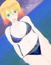 angels_of_death bikini blonde_hair breasts catherine_ward green_eyes in_water no_pants panties pink_hair removing_panties satsuriku_no_tenshi sea thighs tongue two_tone_hair wet wet_shirt white_shirt