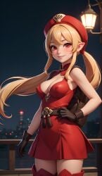 1girls ai_generated blonde_hair blush clothing cortezian_generations female genshin_impact gloves hand_on_hip hard_nipples hi_res klee_(genshin_impact) patreon red_dress red_eyes smile solo