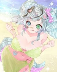 bandaid_on_nose beach bikini_pull blue_eyes blue_hair cleavage cowboy_shot dog_ears dog_girl dog_tail green_eyes heterochromia hunikin large_breasts navel tongue_out twintails virtual_youtuber yellow_bikini