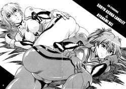 2girls absurd_res ass asuka_langley_sohryu big_ass big_butt blush bodysuit breasts cameltoe dat_ass doujinshi duo female female_only hand_on_own_ass hand_on_own_leg huge_ass human laying_on_bed long_hair looking_at_viewer manabe_jouji monochrome multiple_pages neon_genesis_evangelion page_4 page_5 page_number pilot_suit plugsuit rei_ayanami right_to_left short_hair smile smiling smiling_at_viewer thick_thighs