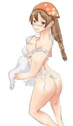 artist_request ass blush braid breasts brown_hair cleavage green_eyes ibarazaki_meiko katawa_shoujo looking_back milf mole naked_apron pointy_chin